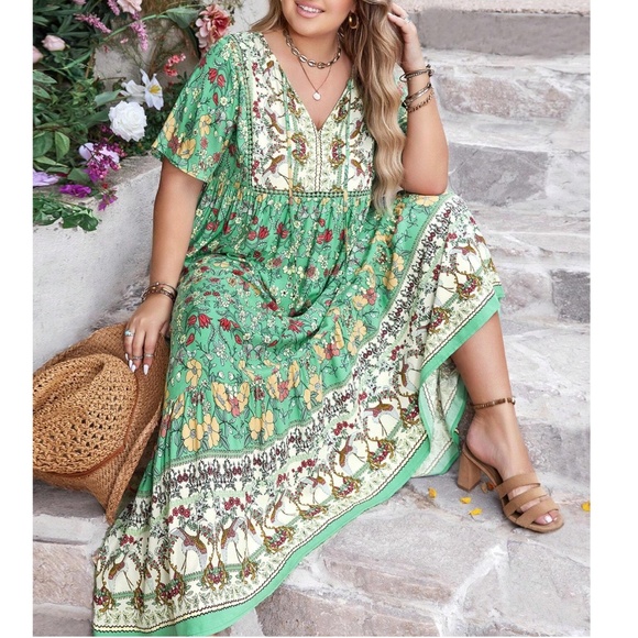 Dresses & Skirts - Plus Colorful Floral Print Neck Tie Short Sleeve Maxi Dress